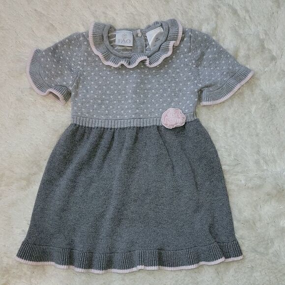Fao SCHWARZ GRAY & PINK POLKA DOT SHORT-SLEEVE RUFFLED SWEATER DRESS, SZ 18 MOS. - Picture 2 of 9